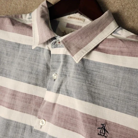 Original Penguin Heritage Slim Fit Shirt Mens Large Blue Burgundy Striped SS - Picture 1 of 6